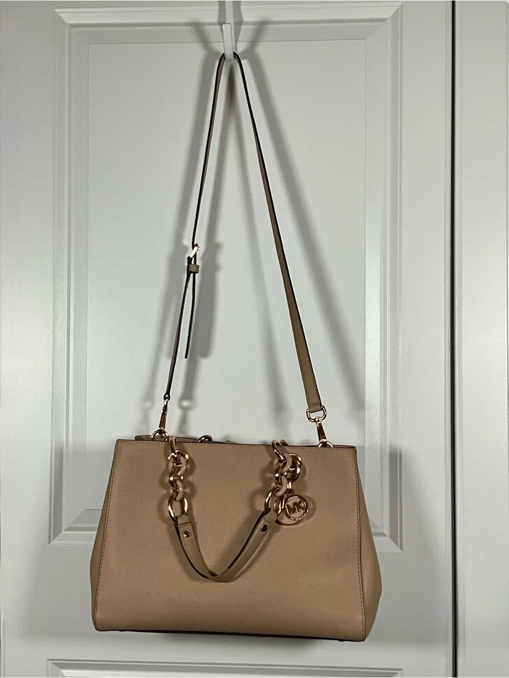 Michael Kors Cynthia Satchel Taupe Saffiano Leather Rose Gold Crossbody